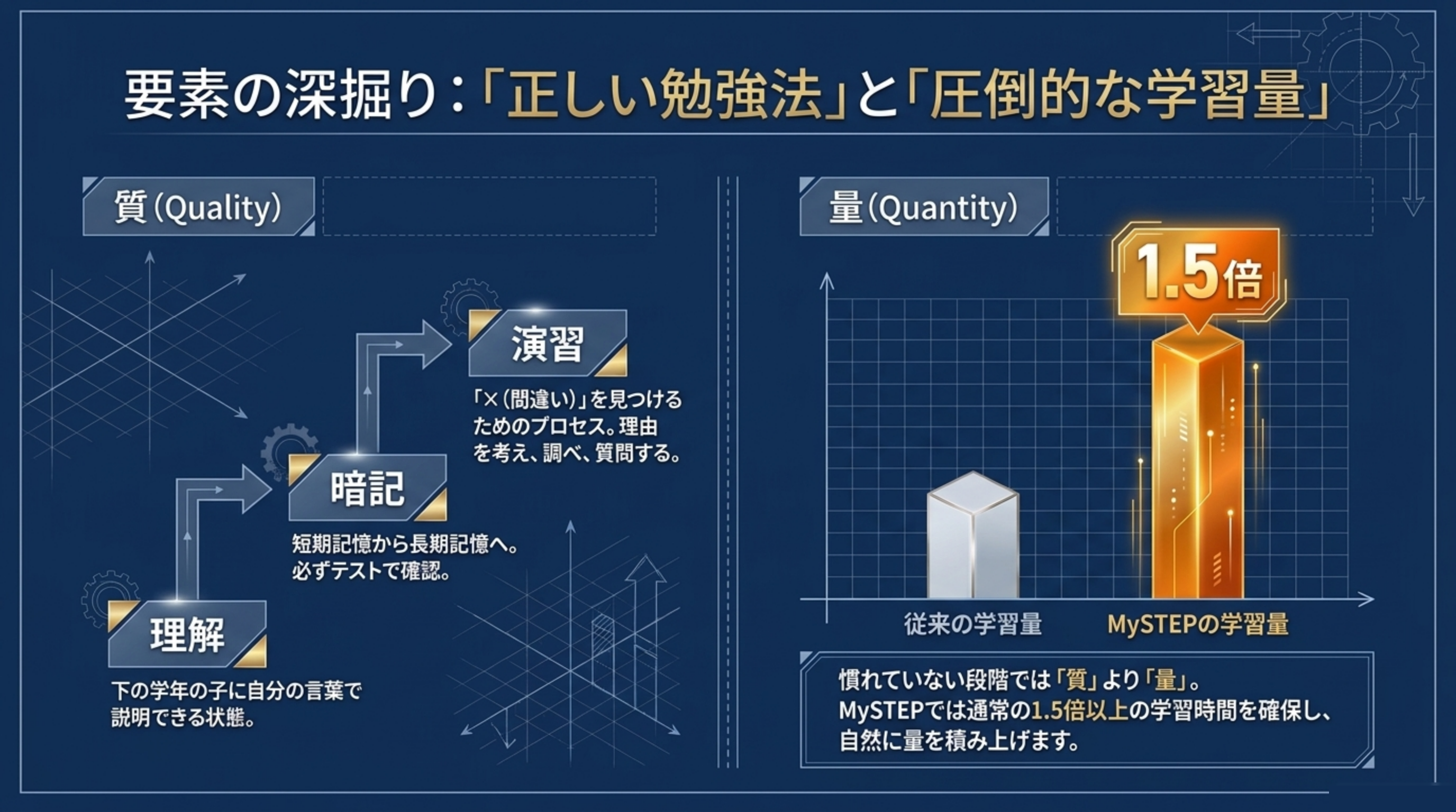 正しい勉強法(理解・暗記・演習)と通常の1.5倍以上の学習量|MySTEP 5科コース