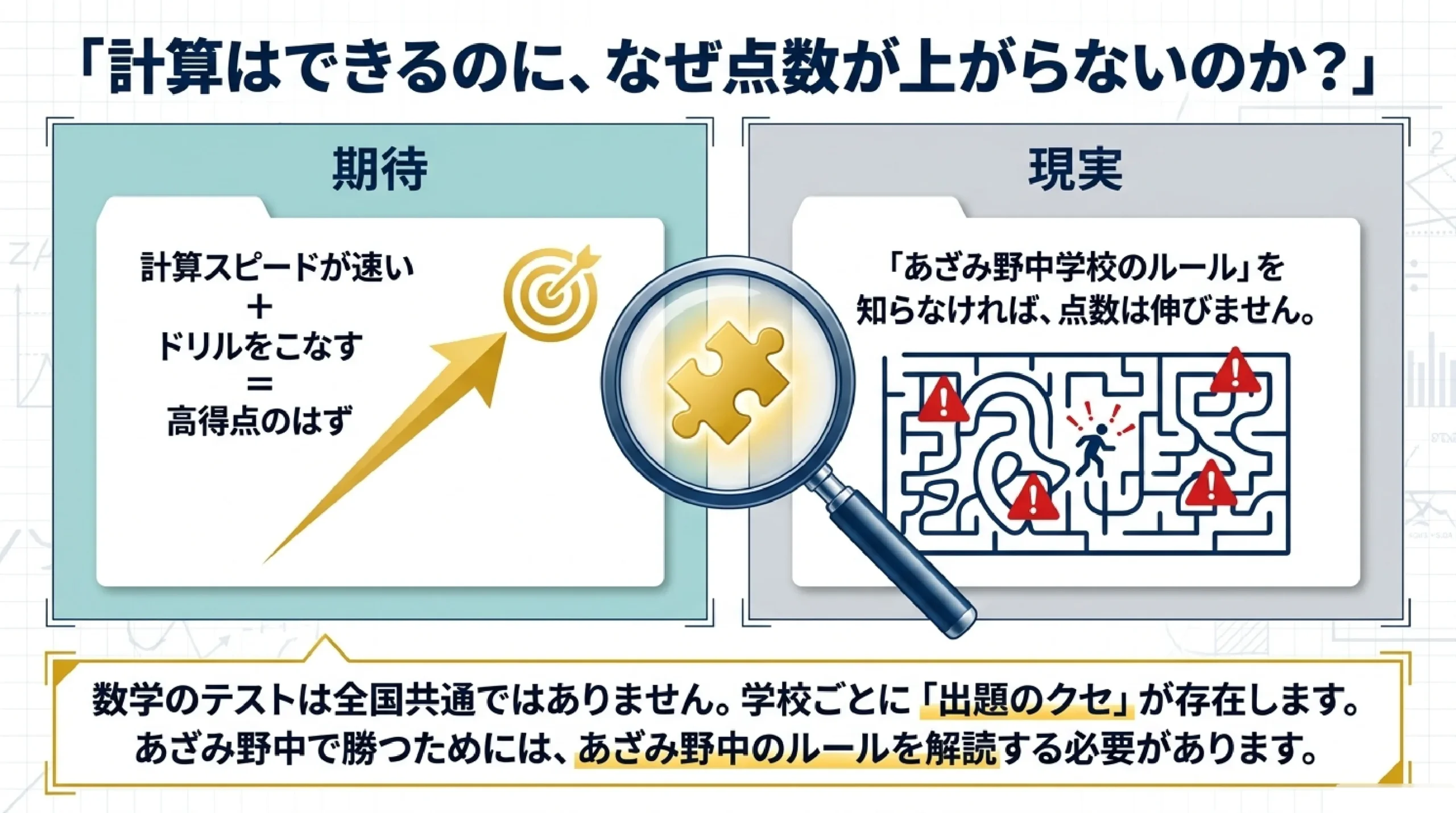 あざみ野中学校の定期テスト対策|数学の出題傾向と点数アップの勉強法|「計算はできるのに、なぜ点数が上がらないのか?」