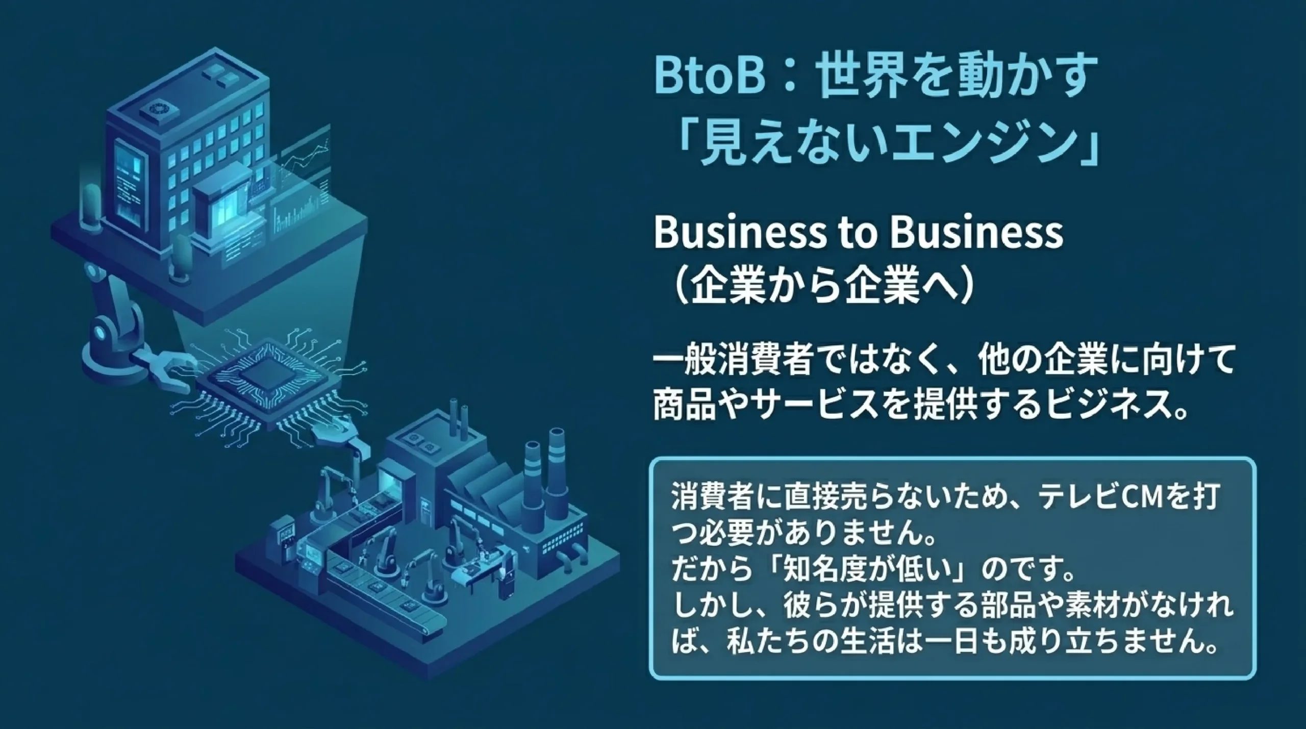 BtoBとBtoCの違い｜名前を知らない"隠れた優良企業"の見つけ方｜BtoB：世界を動かす