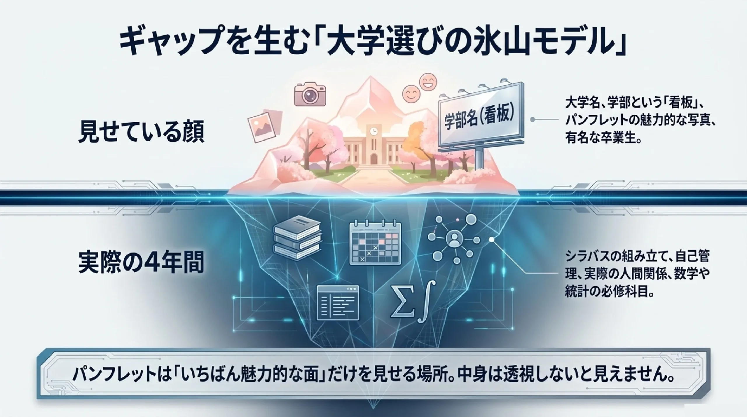大学生活は「想像と違う」が多数派｜入学前に知っておきたいこと｜ギャップを生む「大学選びの氷山モデル」