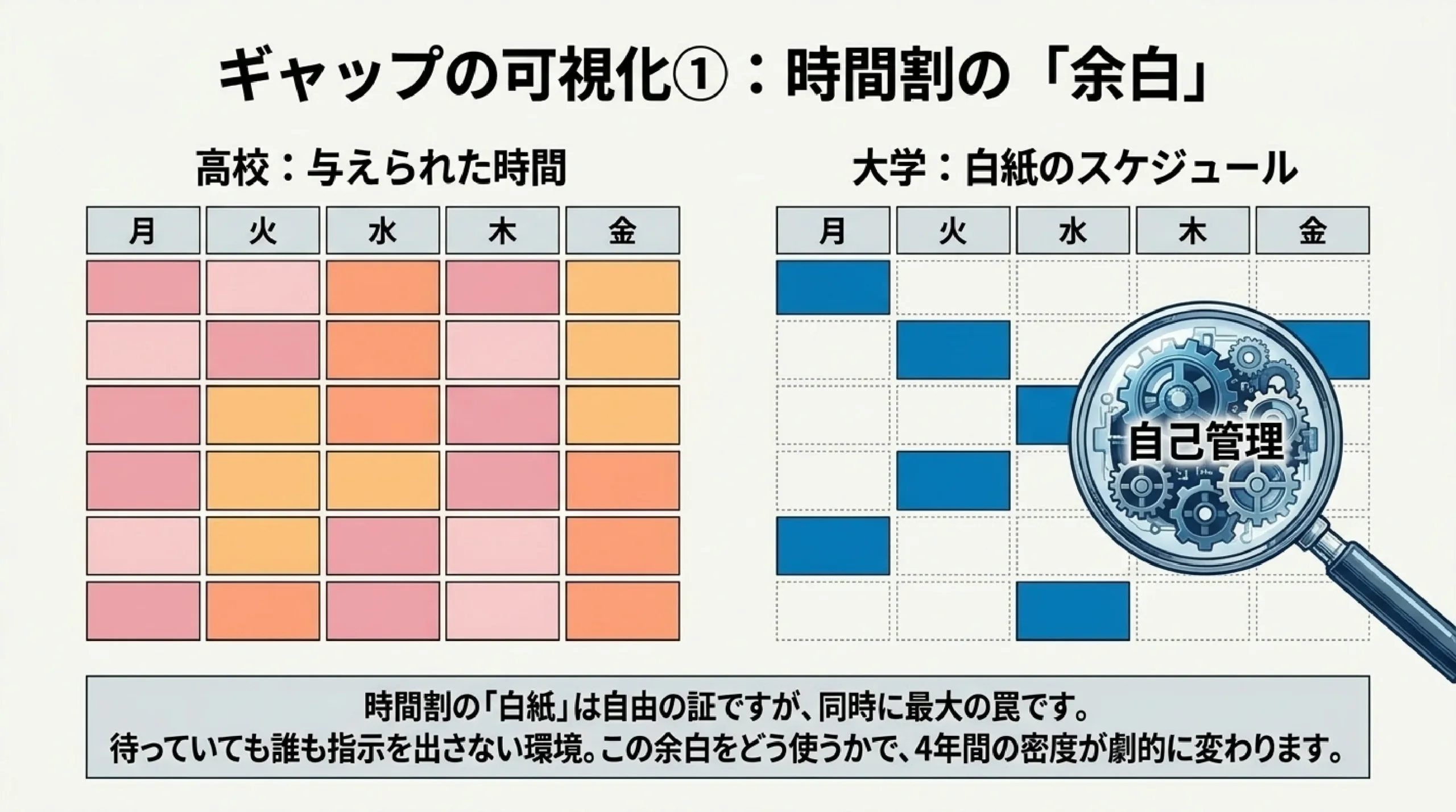 大学生活は「想像と違う」が多数派｜入学前に知っておきたいこと｜ギャップの可視化①：時間割の「余白」