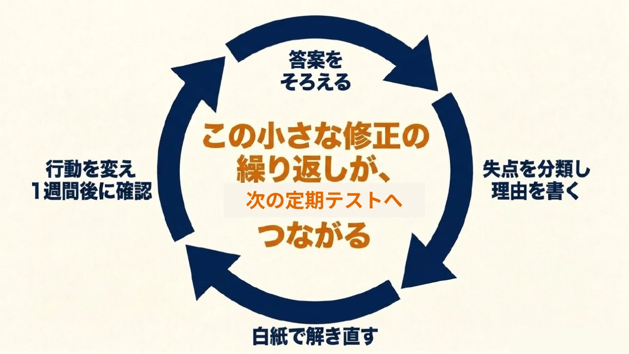 答案確認から再テストまで定期テストの解き直しを続ける流れ｜あざみ野・すすき野の個別指導塾MySTEP